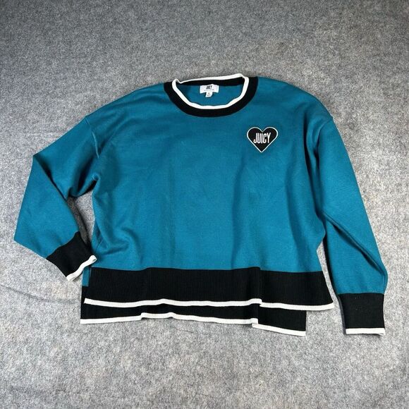 Juicy Couture Sweater Women’s XL Y2K Pullover Knit JUICY Heart Patch Blue - Picture 1 of 7